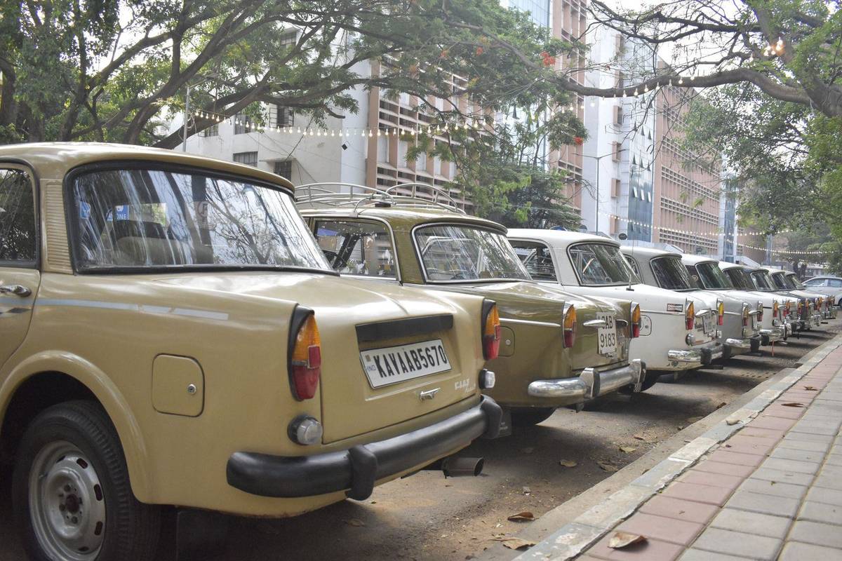Evening traffic on a road outside a Bengaluru tech park