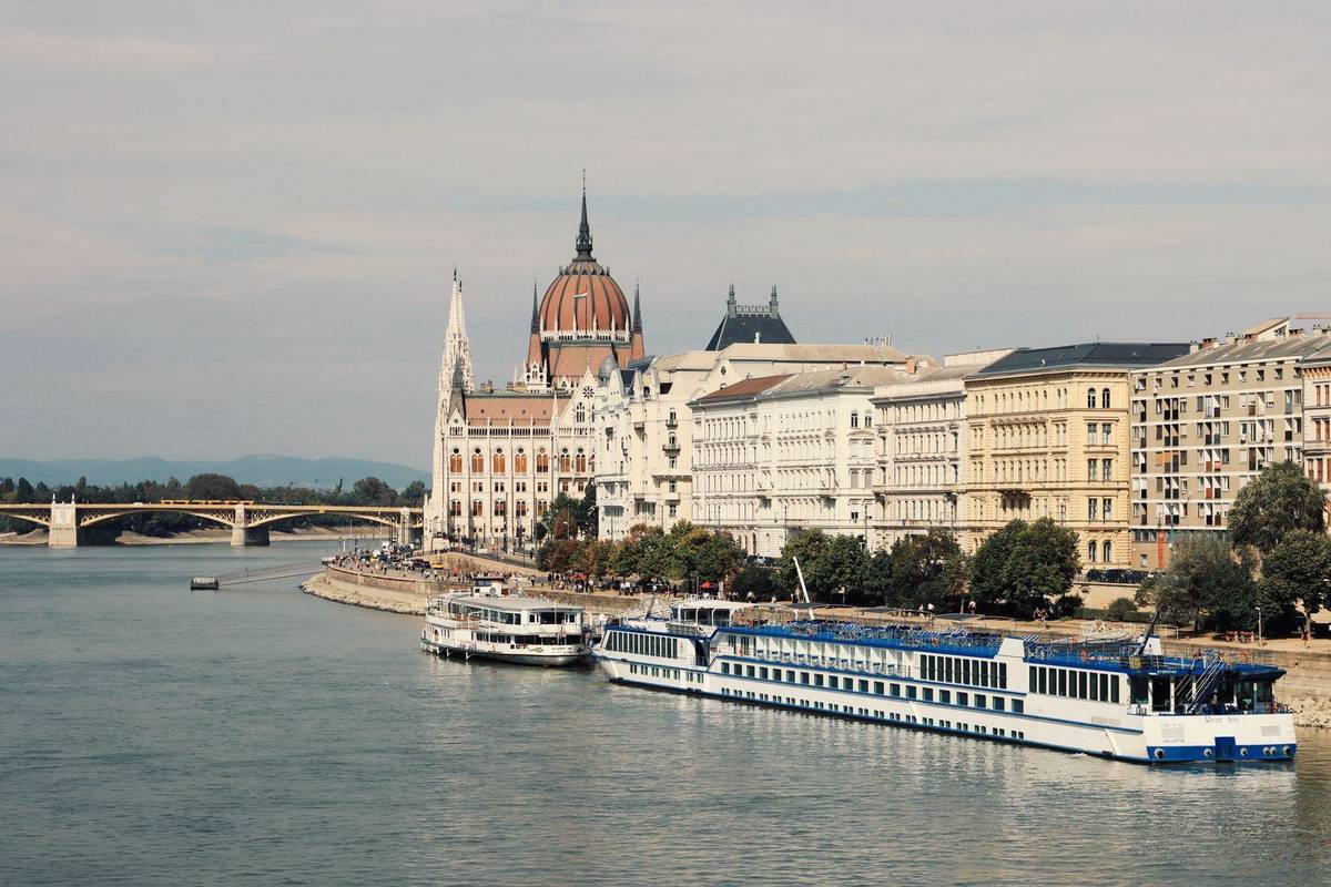 River cruise ship moored on the Danube embankment in Budapest