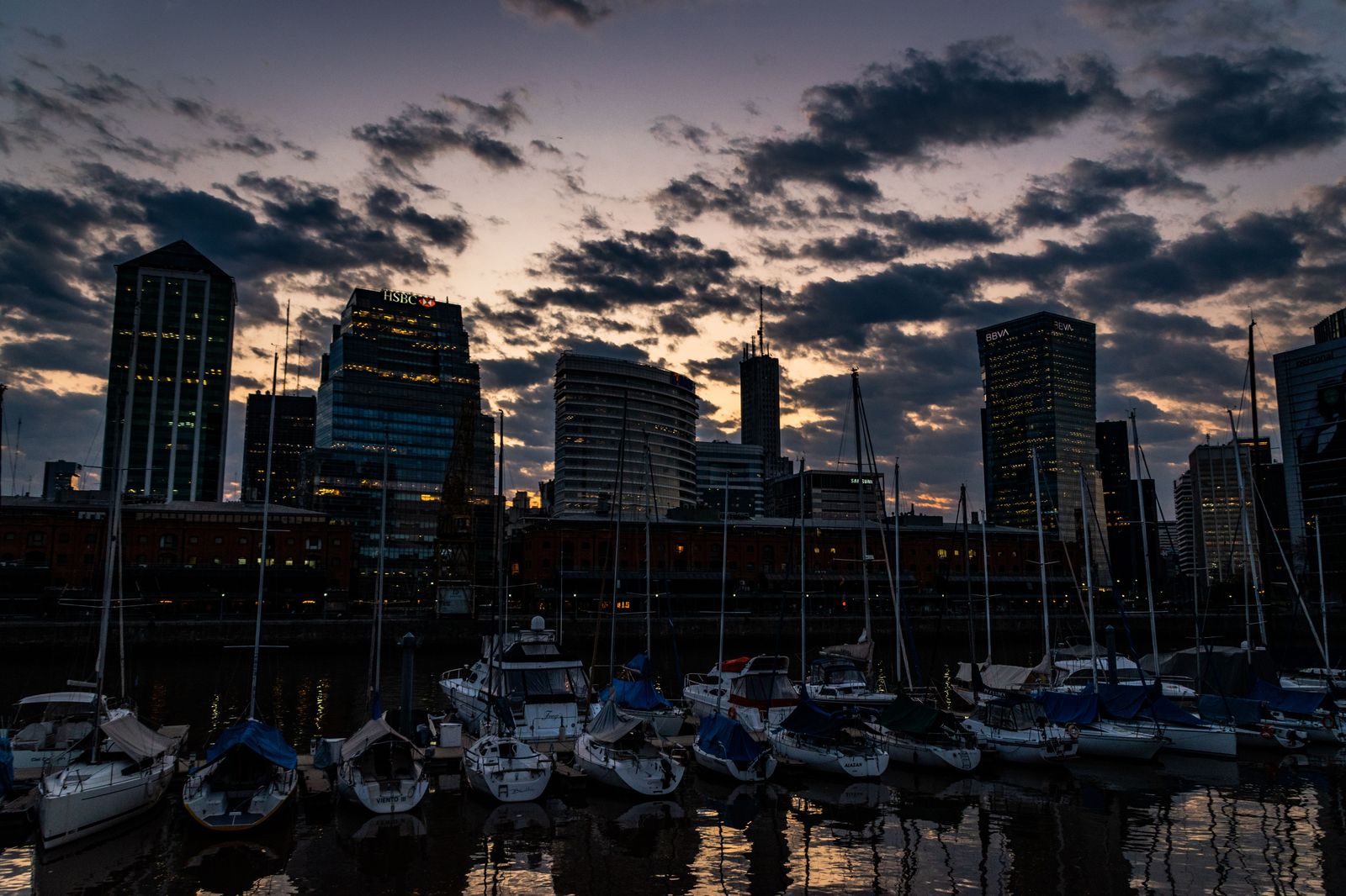 Puerto Madero office towers along the docks at dusk