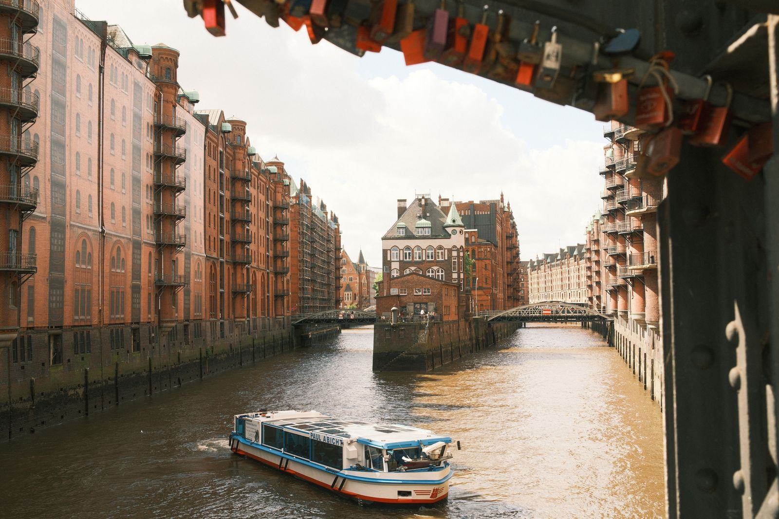 Brick warehouses along a Speicherstadt canal in Hamburg