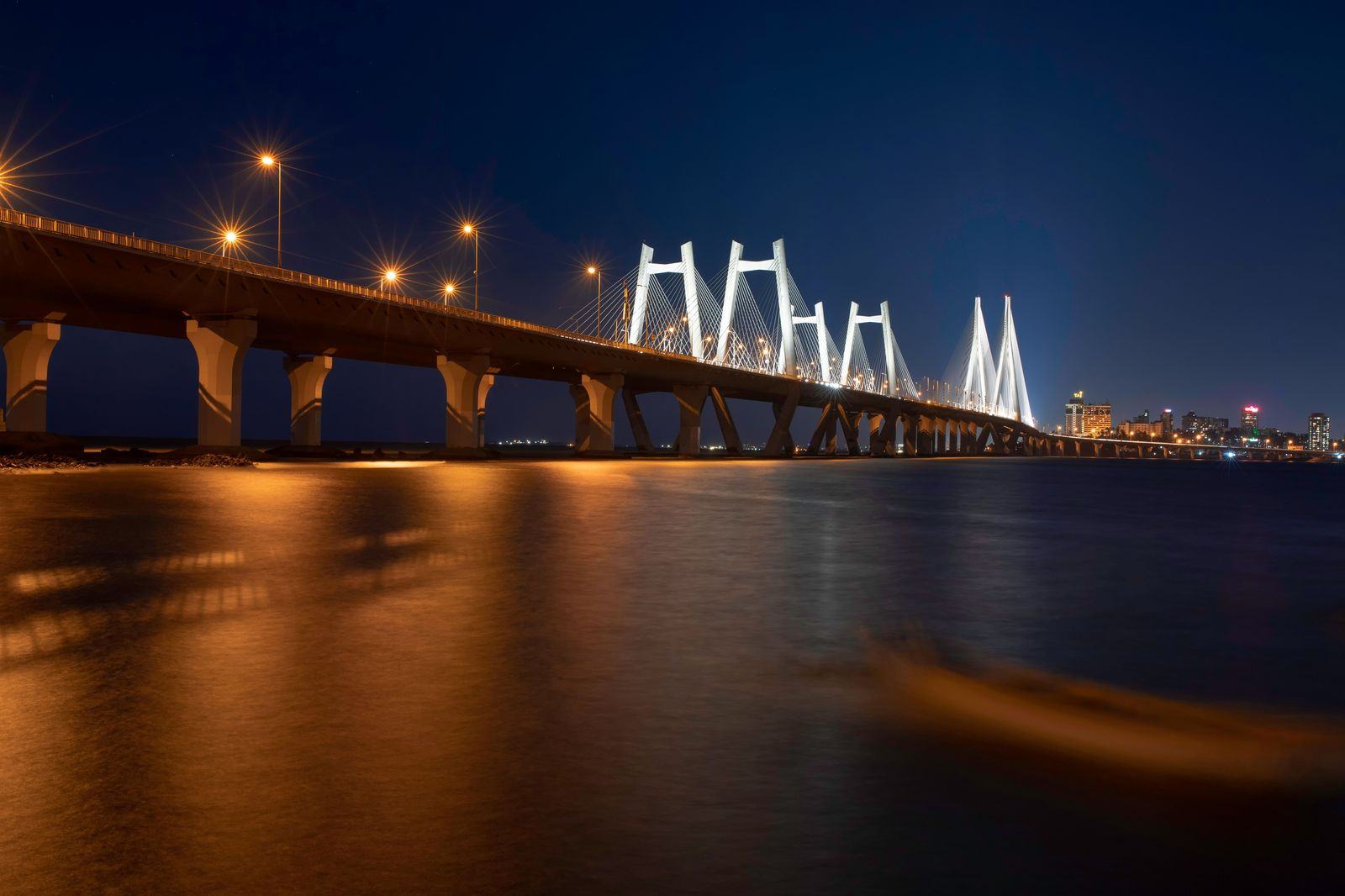 The Bandra-Worli Sea Link over Mahim Bay at dusk