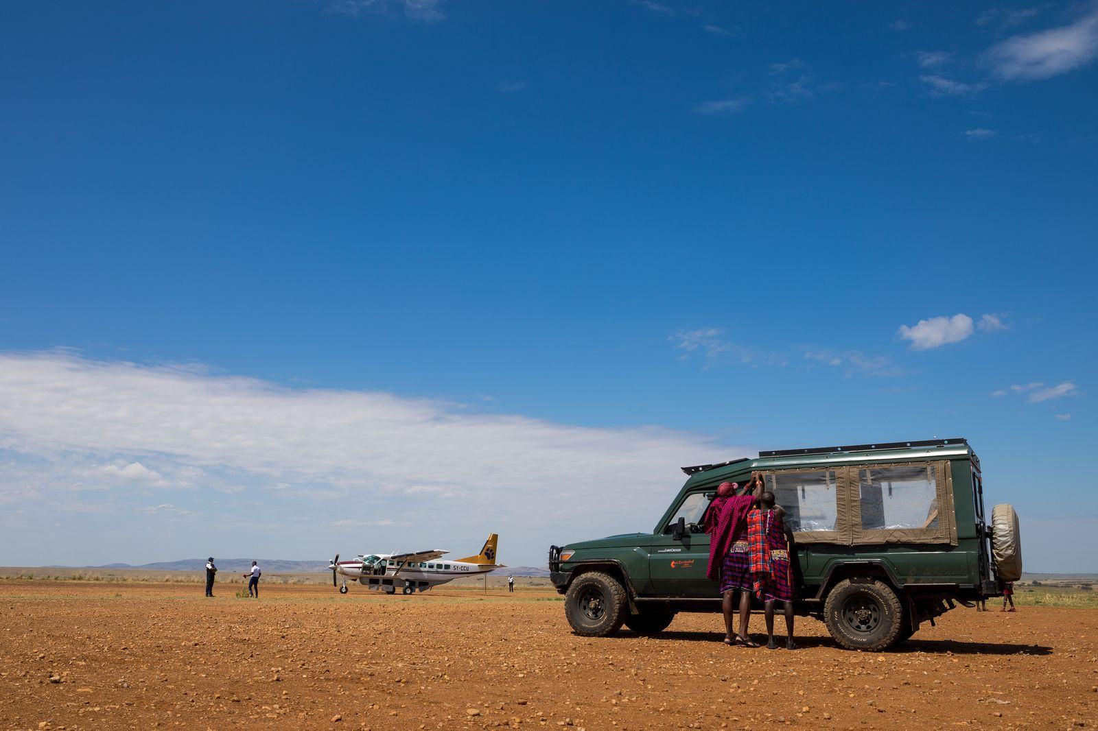 A light aircraft on a safari airstrip in Kenya