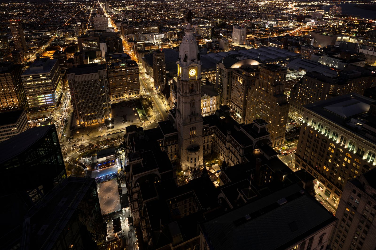 Philadelphia City Hall and Broad Street at night